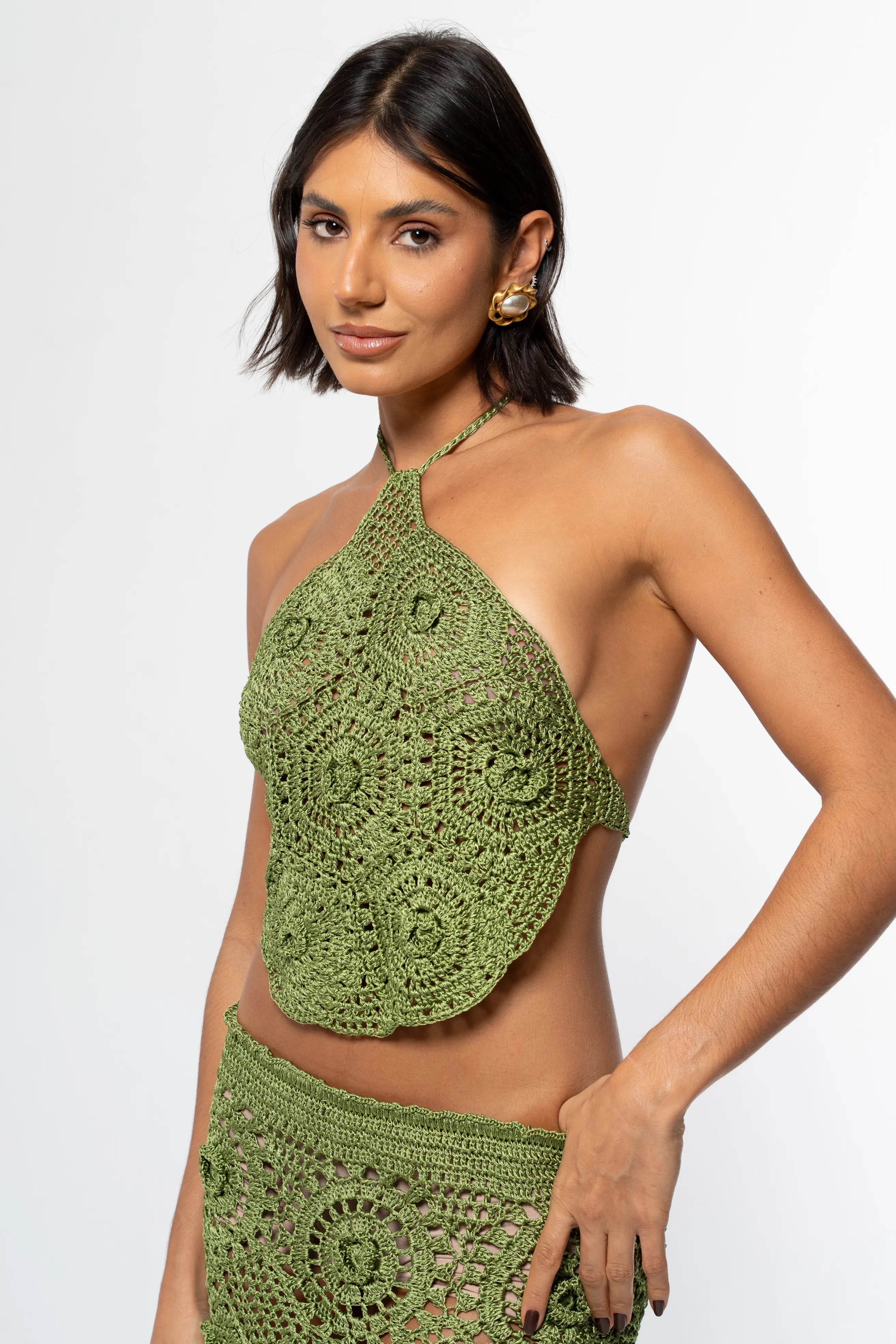 Crochê – Cropped Paradiso – Linha de Seda - Verde Oliva