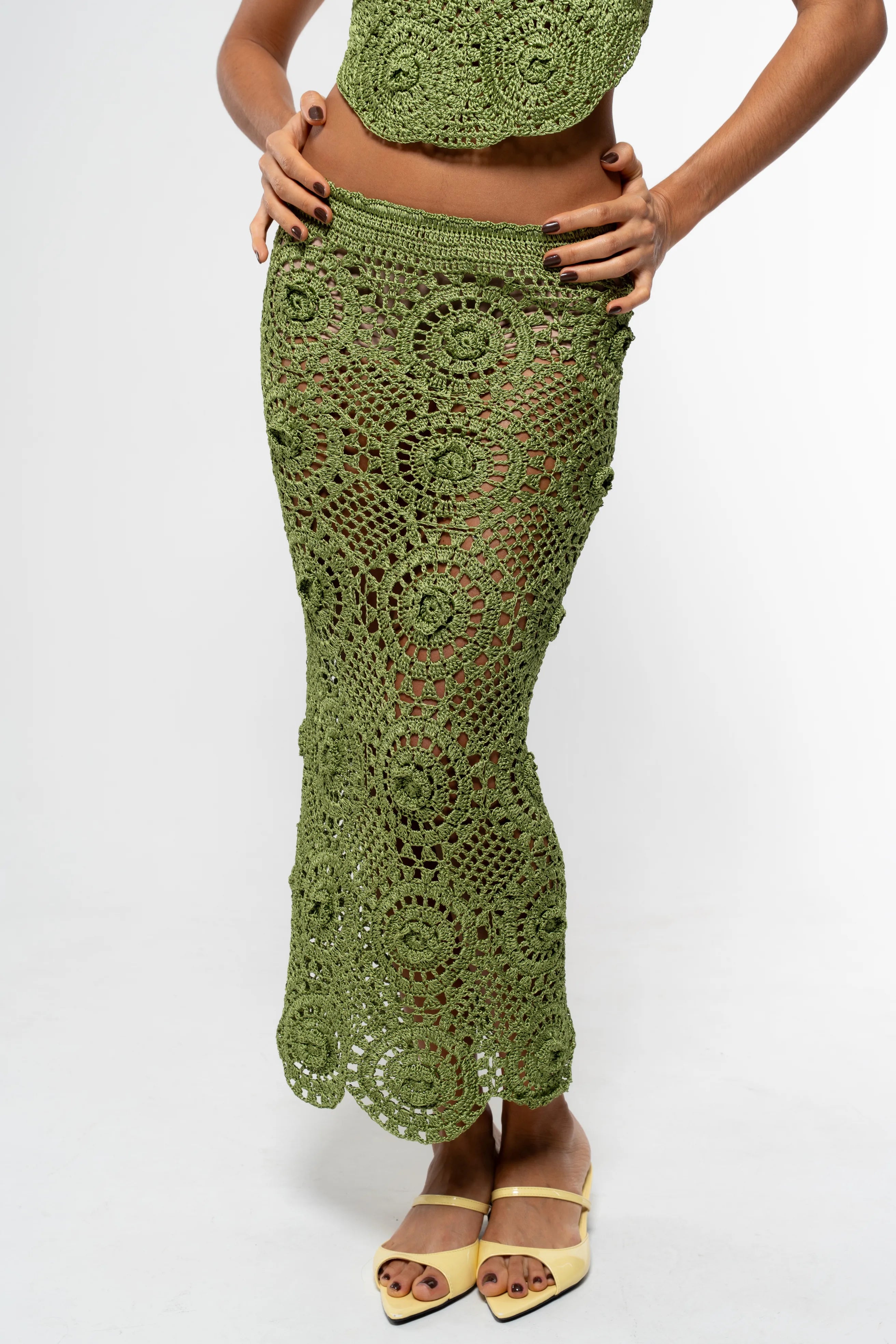 Crochê – Saia Paradiso – Linha de Seda - Verde Oliva